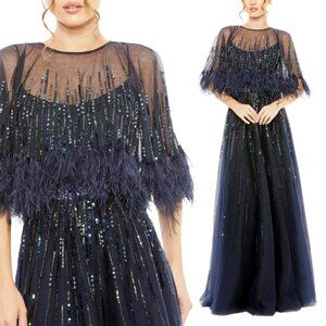 Mac Duggal 42098 Womens Size 8 Dark Navy‎ Blue Gown Maxi Dress With Feather Cape